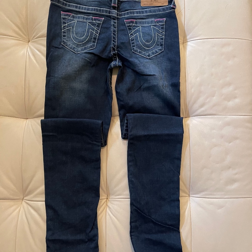 True Religion Jeans deep blue with purple stitching accents